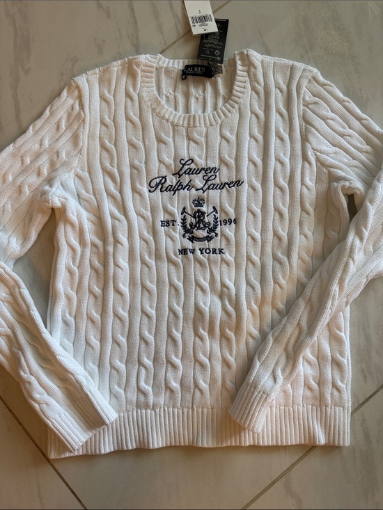 Lauren Ralph Lauren Sweaters - Lauren Ralph Lauren White Cable-Knit Crewneck Sweater with Navy Crest